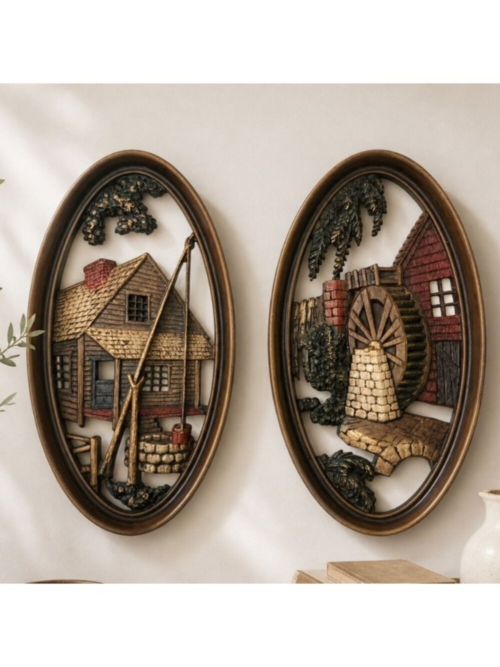 Burwood Oval Wall Plaques Set of 2 Rustic Cabin Watermill 3D Cutout Art Decor